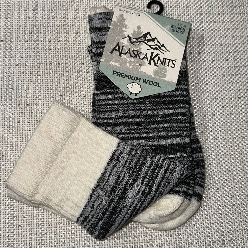 Alaska Knits Black Gray Ivory Heather Traditional Wool Blend Knee High Socks